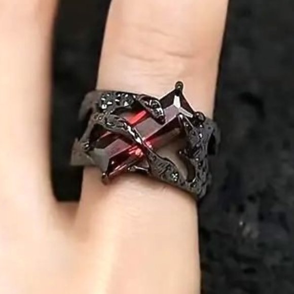 Ring Black Goth Wrap Red Crystal Black Zirconia Stone Rhinestones Silver Goth - Picture 2 of 6